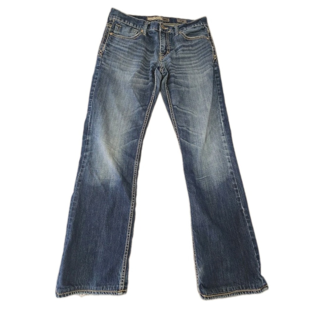 BKE Carter Straight Jeans Mens 32R x 39 Medium Wash Heavy Stitch Buckle Denim
